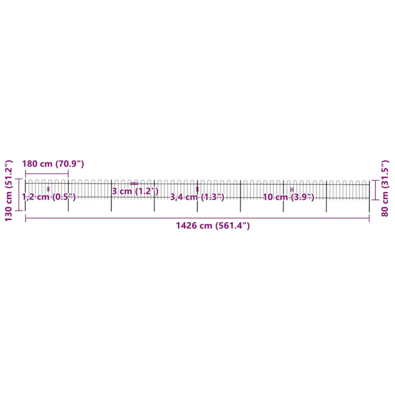 vidaXL dārza žogs ar stīpām augšpusē, tērauds, 1426x80 cm, melns