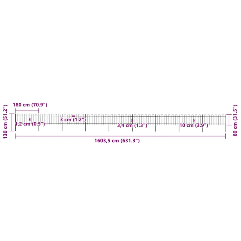 vidaXL dārza žogs ar stīpām augšpusē, tērauds, 1603,5x80 cm, melns