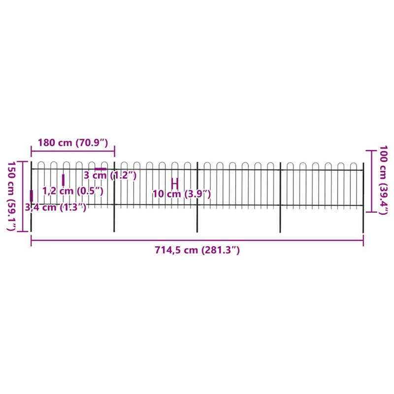 vidaXL dārza žogs ar stīpām augšpusē, tērauds, 714,5x100 cm, melns