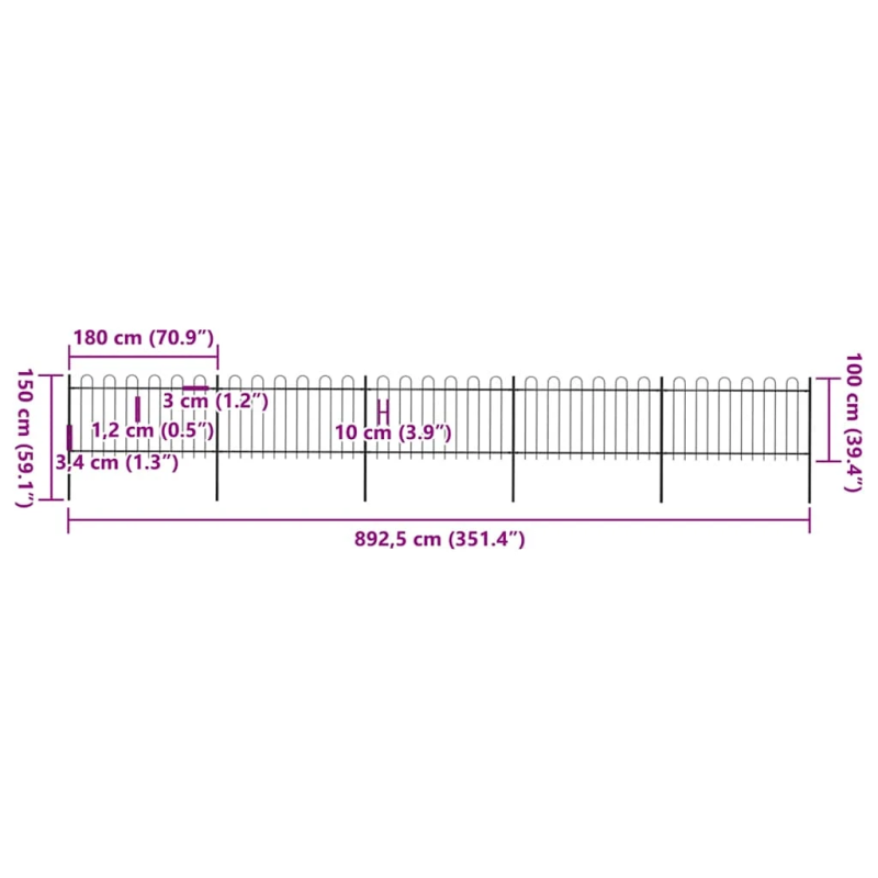 vidaXL dārza žogs ar stīpām augšpusē, tērauds, 892,5x100 cm, melns