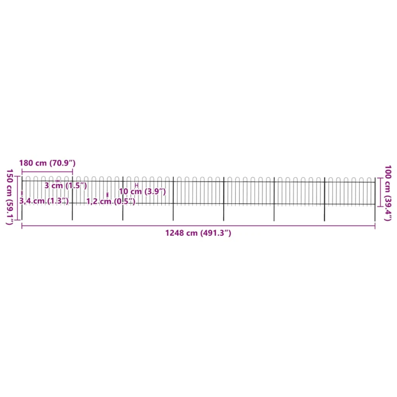 vidaXL dārza žogs ar stīpām augšpusē, tērauds, 1248x100 cm, melns