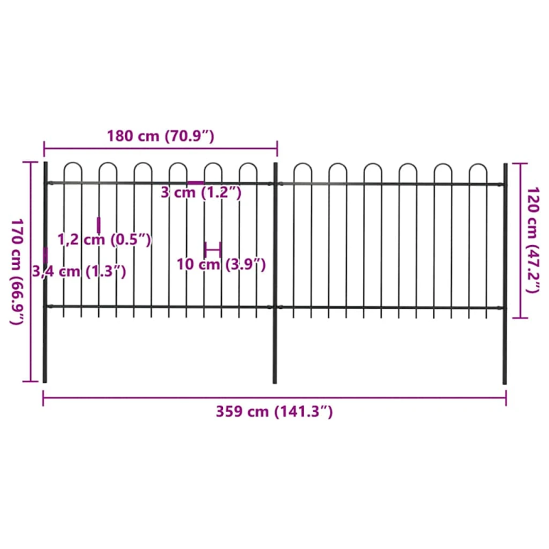 vidaXL dārza žogs ar stīpām augšpusē, tērauds, 359x120 cm, melns