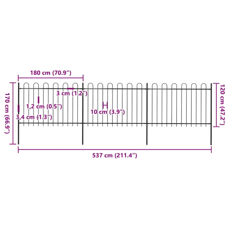 vidaXL dārza žogs ar stīpām augšpusē, tērauds, 537x120 cm, melns