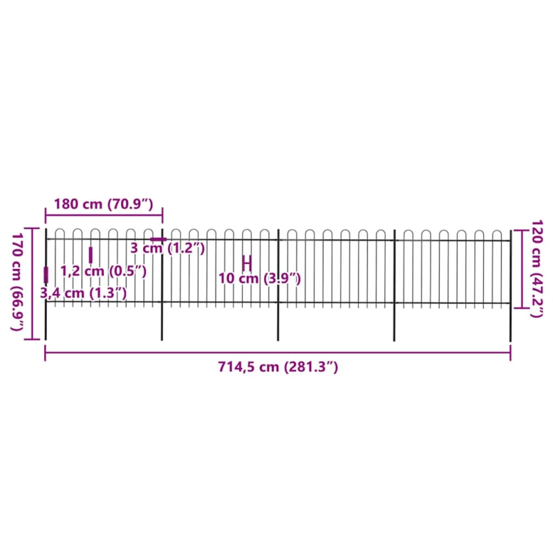 vidaXL dārza žogs ar stīpām augšpusē, tērauds, 714,5x120 cm, melns