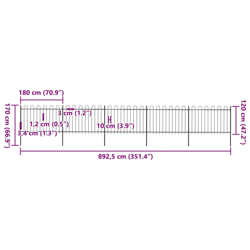 vidaXL dārza žogs ar noapaļotu augšmalu, 8,5x1,2 m, melns tērauds