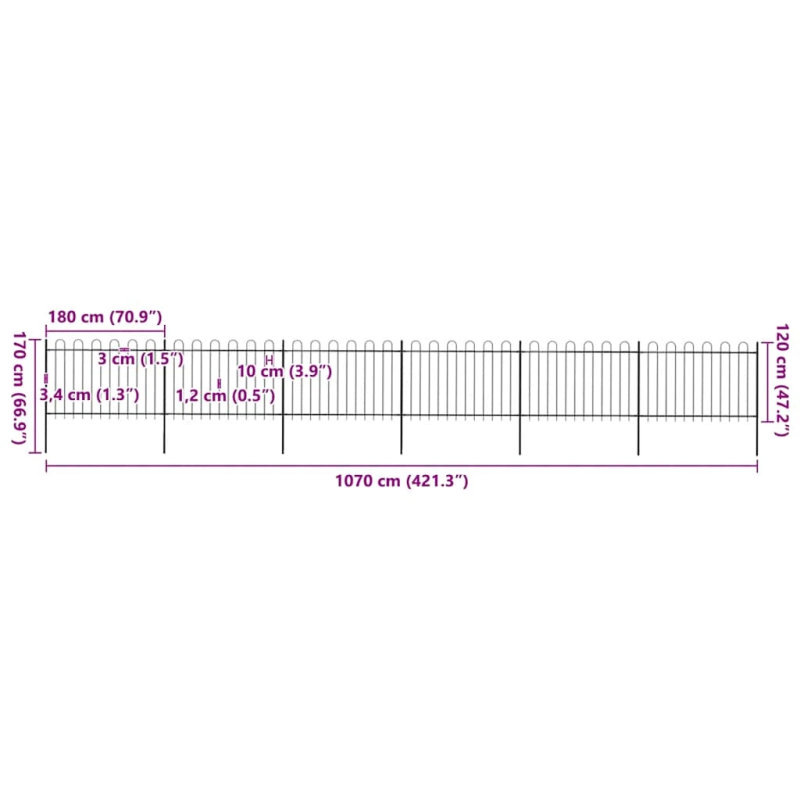 vidaXL dārza žogs ar stīpām augšpusē, tērauds, 1070x120 cm, melns