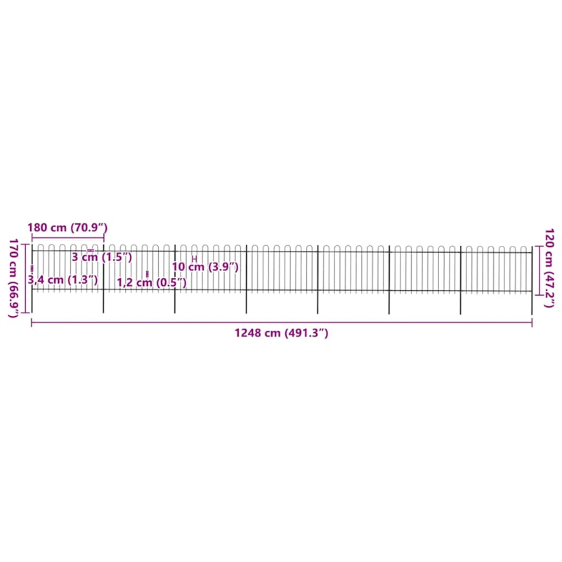vidaXL dārza žogs ar stīpām augšpusē, tērauds, 1248x120 cm, melns