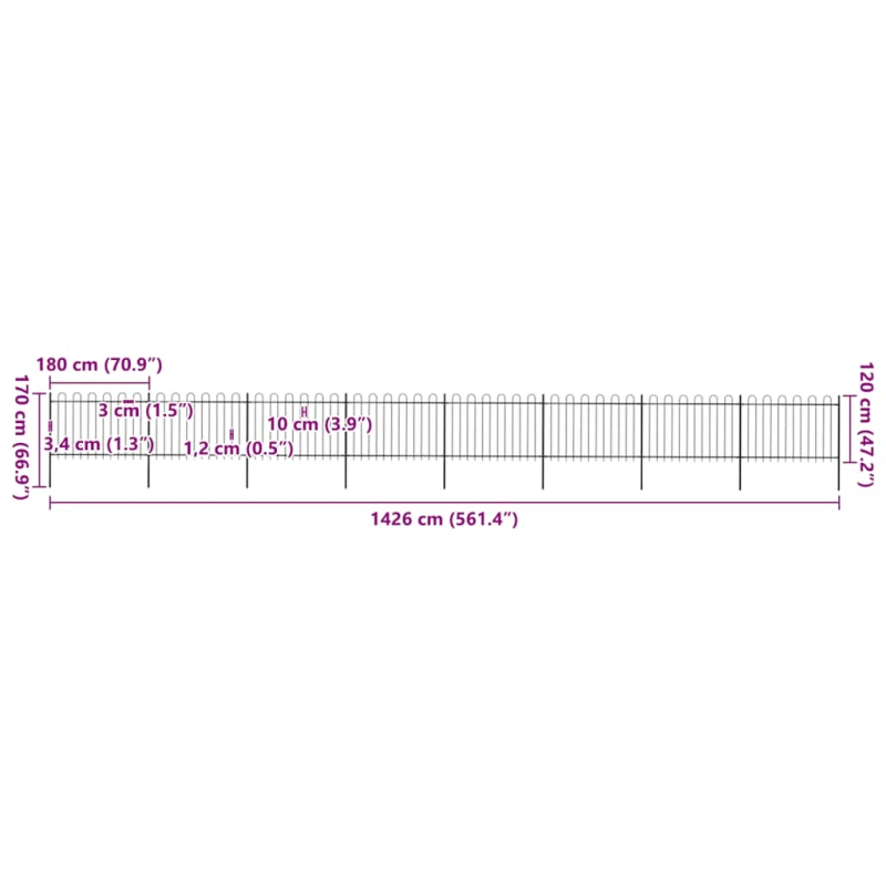 vidaXL dārza žogs ar stīpām augšpusē, tērauds, 1426x120 cm, melns