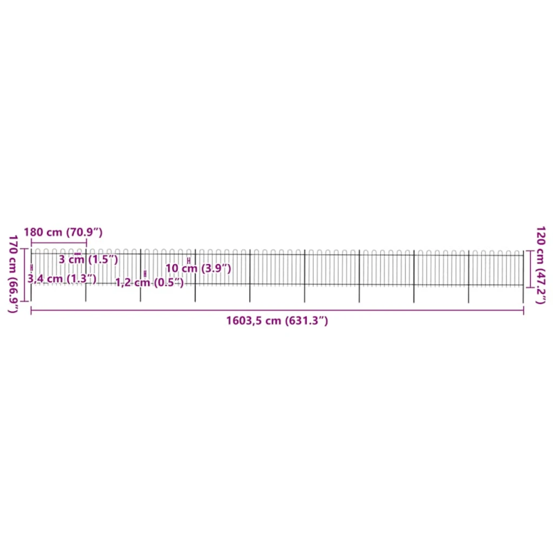 vidaXL dārza žogs ar stīpām augšpusē, tērauds, 1603,5x120 cm, melns