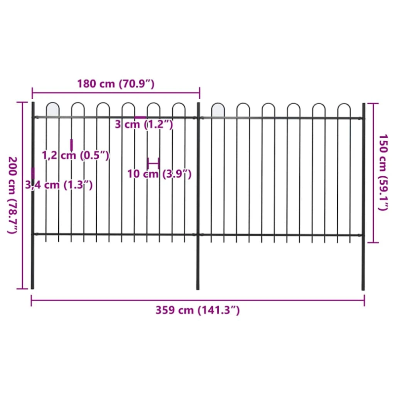 vidaXL dārza žogs ar stīpām augšpusē, tērauds, 359x150 cm, melns