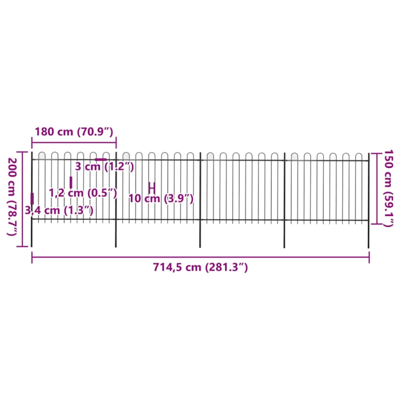 vidaXL dārza žogs ar stīpām augšpusē, tērauds, 714,5x150 cm, melns