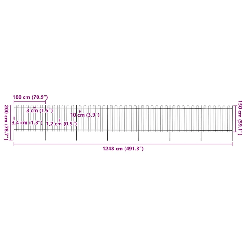 vidaXL dārza žogs ar stīpām augšpusē, tērauds, 1248x150 cm, melns