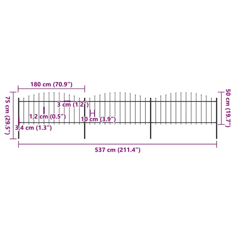 vidaXL dārza žogs ar šķēpu galiem, tērauds, 537x75 cm, melns