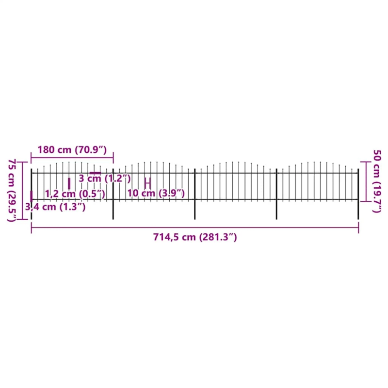 vidaXL dārza žogs ar šķēpu galiem, tērauds, 714,5x75 cm, melns