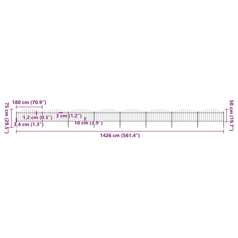 vidaXL dārza žogs ar šķēpu galiem, tērauds, 1426x75 cm, melns