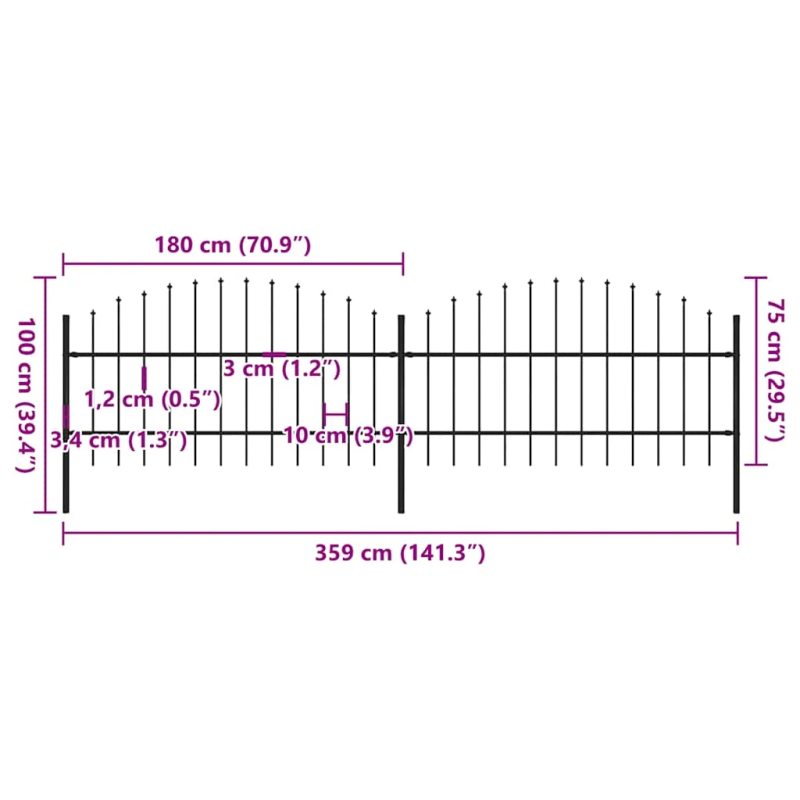 vidaXL dārza žogs ar šķēpu galiem, tērauds, 359x100 cm, melns
