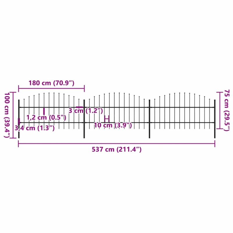 vidaXL dārza žogs ar šķēpu galiem, tērauds, 537x100 cm, melns