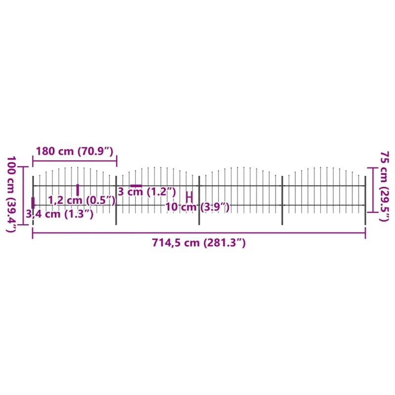 vidaXL dārza žogs ar šķēpu galiem, tērauds, 714,5x100 cm, melns
