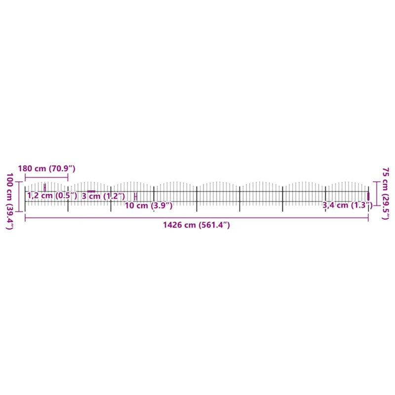 vidaXL dārza žogs ar šķēpu galiem, tērauds, 1426x100 cm, melns