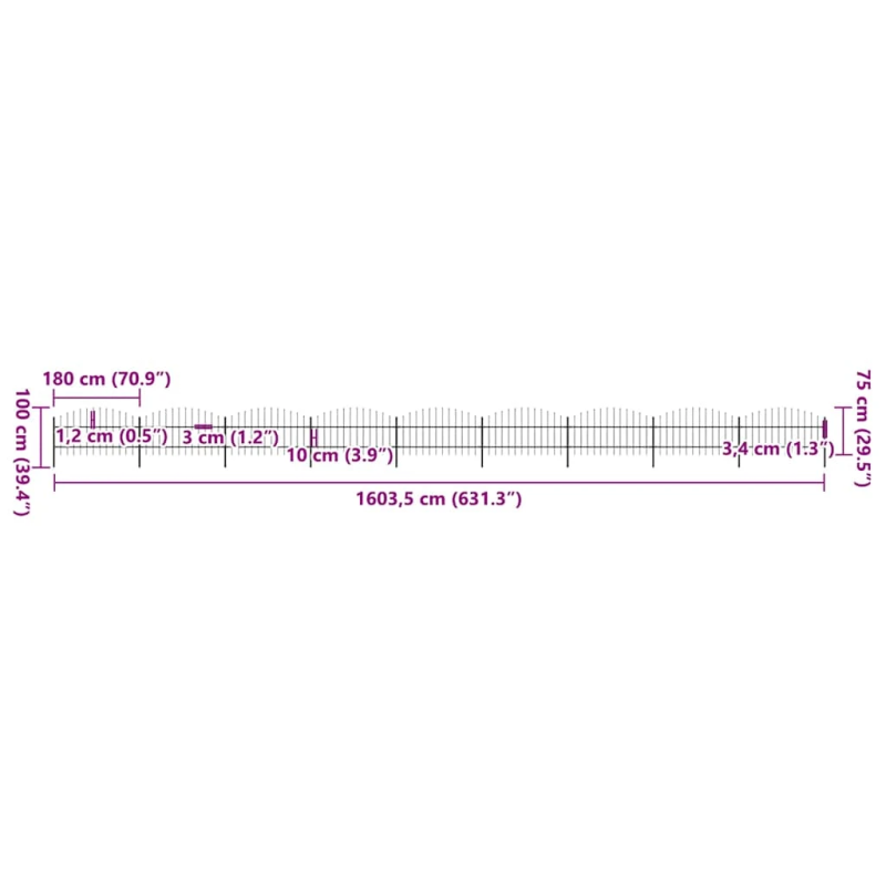 vidaXL dārza žogs ar šķēpu galiem, tērauds, 1603,5x100 cm, melns