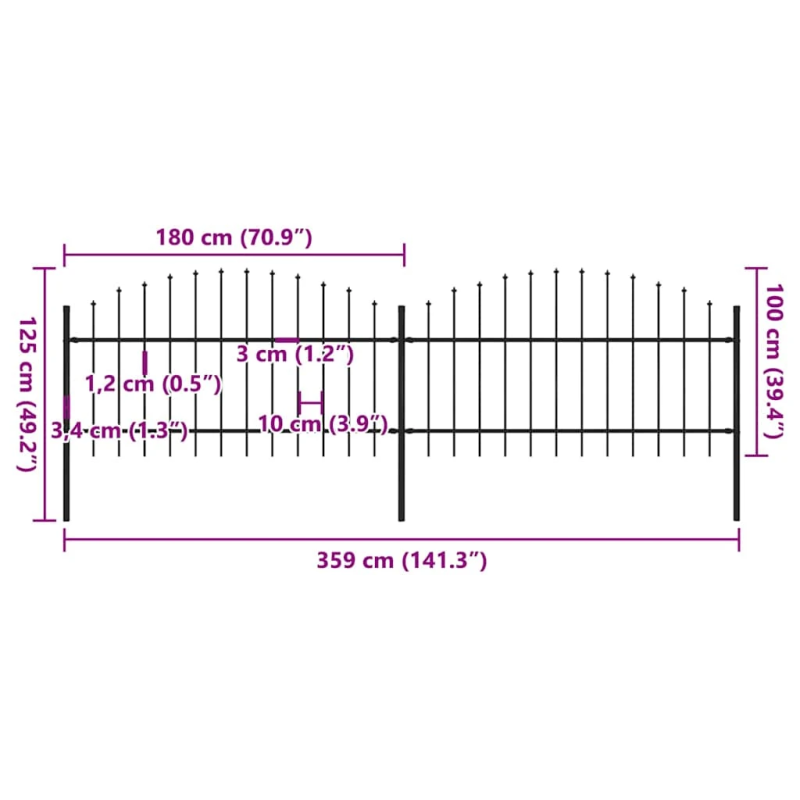 vidaXL dārza žogs ar šķēpu galiem, tērauds, 359x125 cm, melns