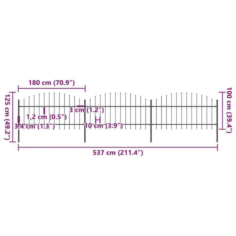 vidaXL dārza žogs ar šķēpu galiem, tērauds, 537x125 cm, melns