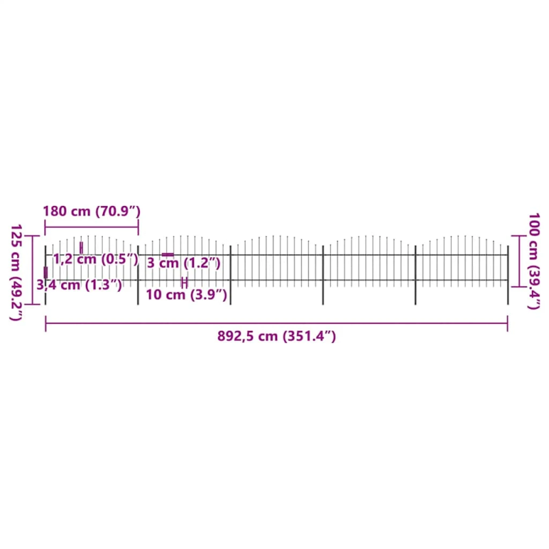 vidaXL dārza žogs ar šķēpu galiem, tērauds, 892,5x125 cm, melns