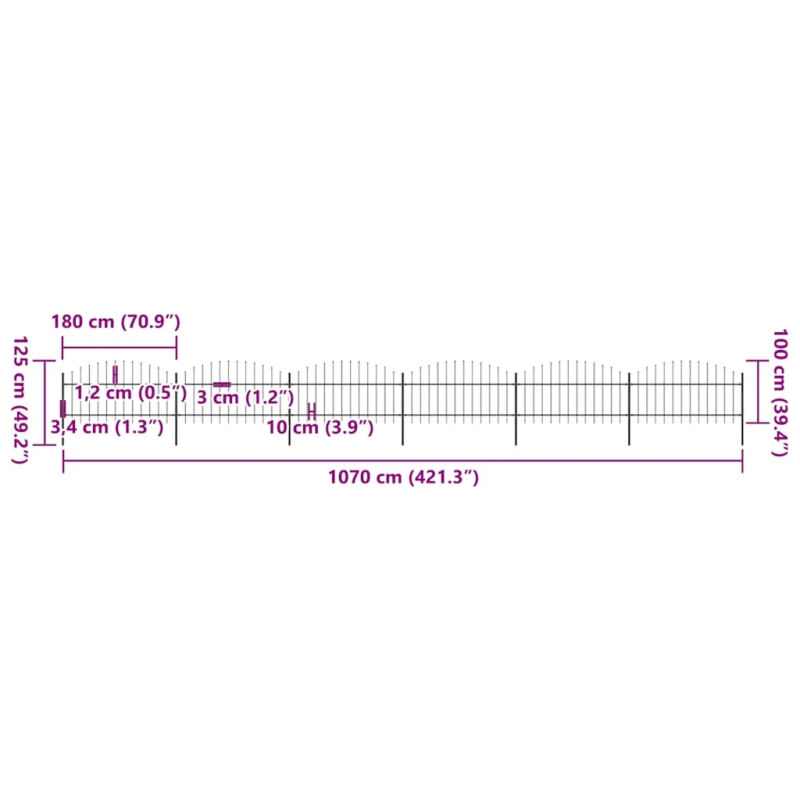 vidaXL dārza žogs ar šķēpu galiem, tērauds, 1070x125 cm, melns