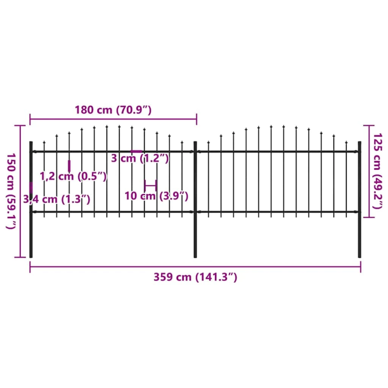 vidaXL dārza žogs ar šķēpu galiem, tērauds, 359x150 cm, melns