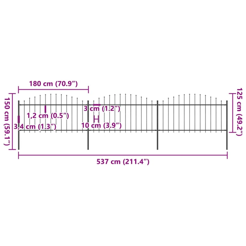 vidaXL dārza žogs ar šķēpu galiem, tērauds, 537x150 cm, melns