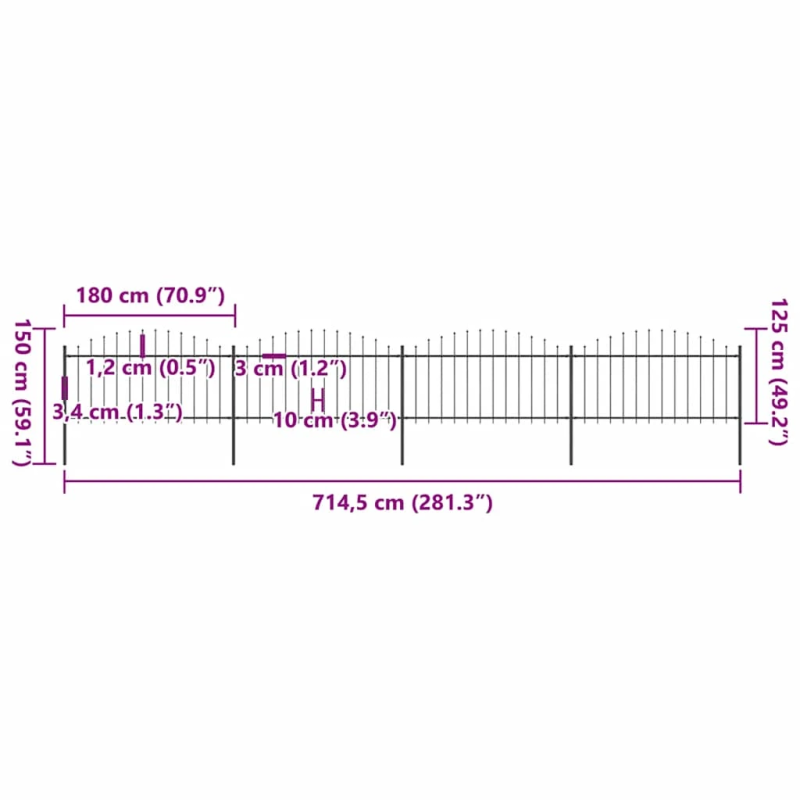 vidaXL dārza žogs ar šķēpu galiem, tērauds, 714,5x150 cm, melns