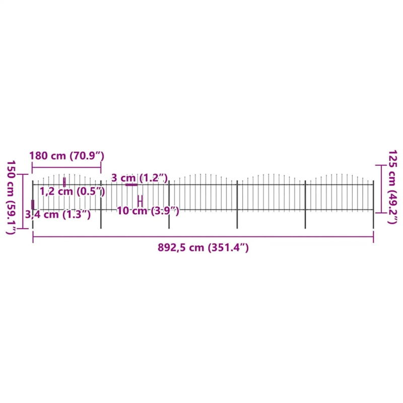 vidaXL dārza žogs ar šķēpu galiem, tērauds, 892,5x150 cm, melns