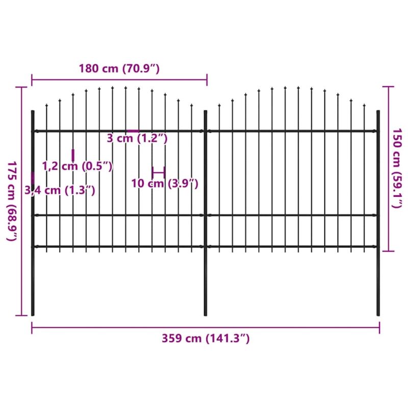 vidaXL dārza žogs ar šķēpu galiem, tērauds, 359x175 cm, melns