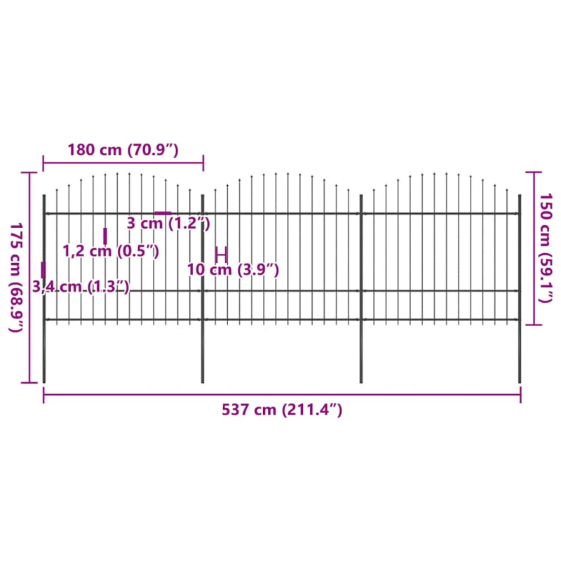 vidaXL dārza žogs ar šķēpu galiem, tērauds, 537x175 cm, melns