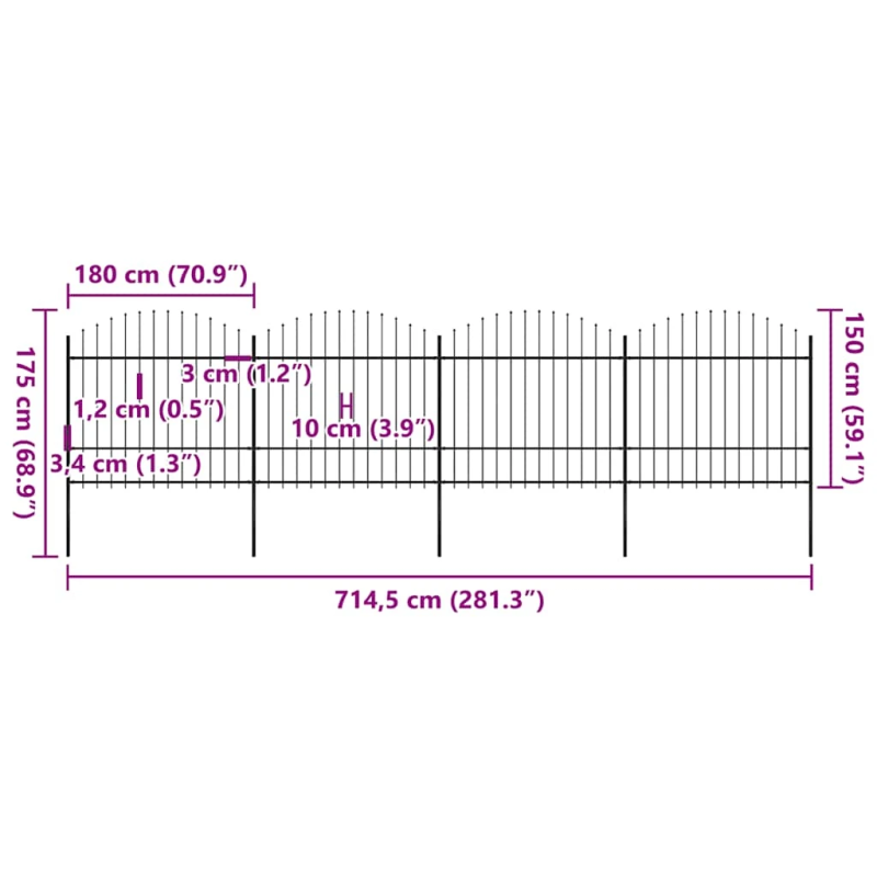 vidaXL dārza žogs ar šķēpu galiem, tērauds, 714,5x175 cm, melns