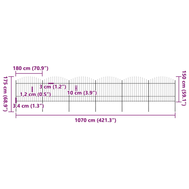 vidaXL dārza žogs ar šķēpu galiem, tērauds, 1070x175 cm, melns