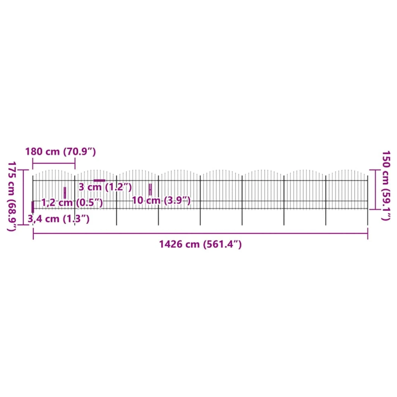 vidaXL dārza žogs ar šķēpu galiem, tērauds, 1426x175 cm, melns