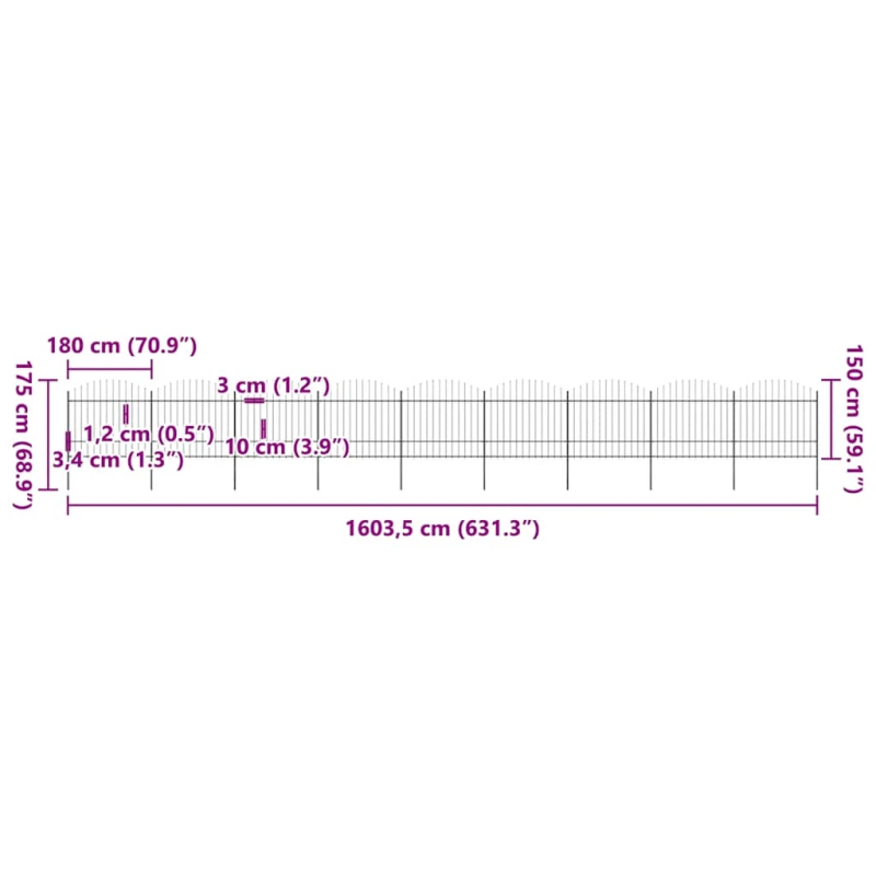 vidaXL dārza žogs ar pīķiem augšpusē, tērauds, ,1,5-1,75,x15,3m, melns