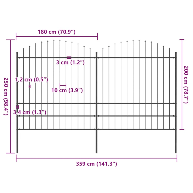 vidaXL dārza žogs ar šķēpu galiem, tērauds, 359x200 cm, melns