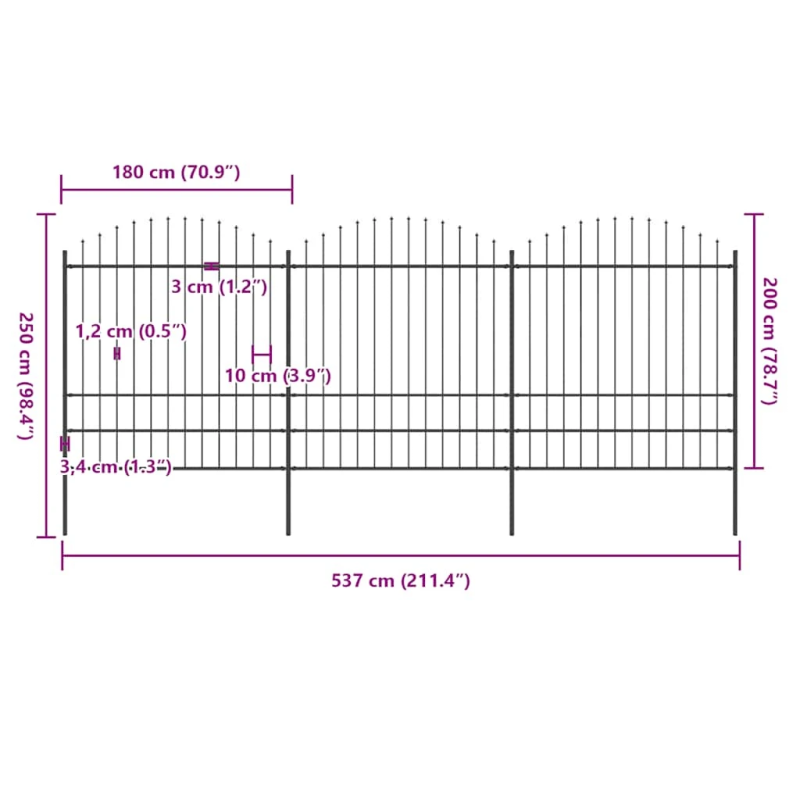 vidaXL dārza žogs ar šķēpu galiem, tērauds, 537x200 cm, melns