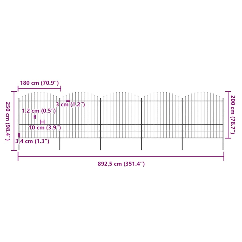 vidaXL dārza žogs ar šķēpu galiem, tērauds, 892,5x200 cm, melns