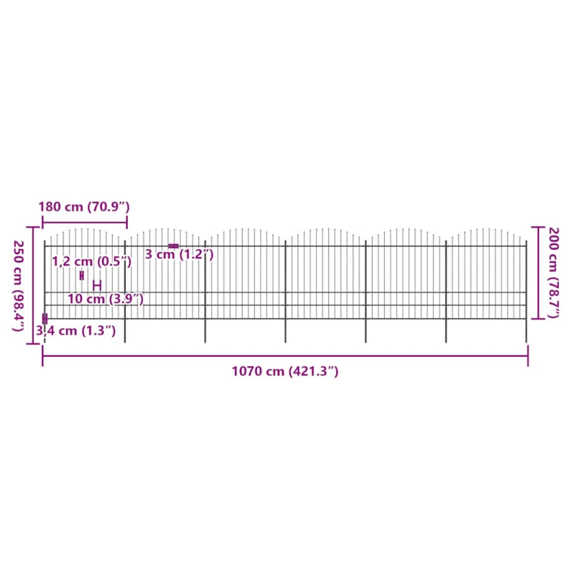 vidaXL dārza žogs ar šķēpu galiem, tērauds, 1070x200 cm, melns