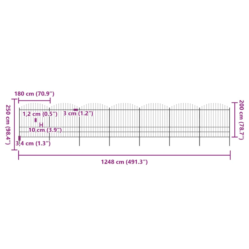 vidaXL dārza žogs ar šķēpu galiem, tērauds, 1248x200 cm, melns