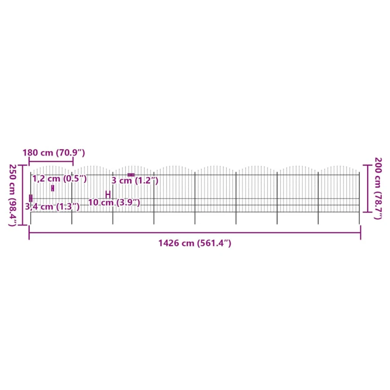 vidaXL dārza žogs ar šķēpu galiem, tērauds, 1426x200 cm, melns