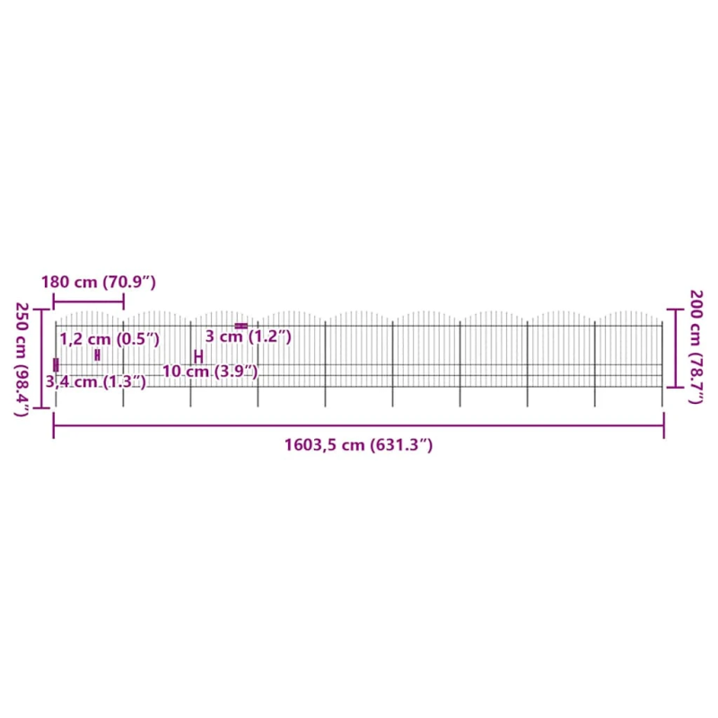 vidaXL dārza žogs ar šķēpu galiem, tērauds, 1603,5x200 cm, melns