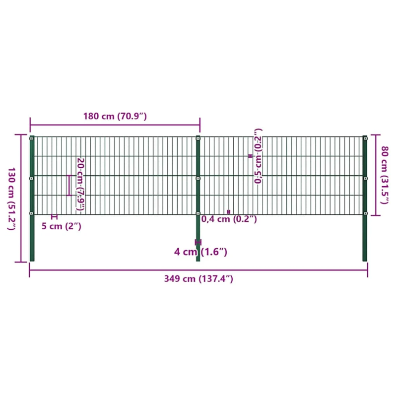 vidaXL žoga panelis ar stabiem, dzelzs, 349x80 cm, zaļš