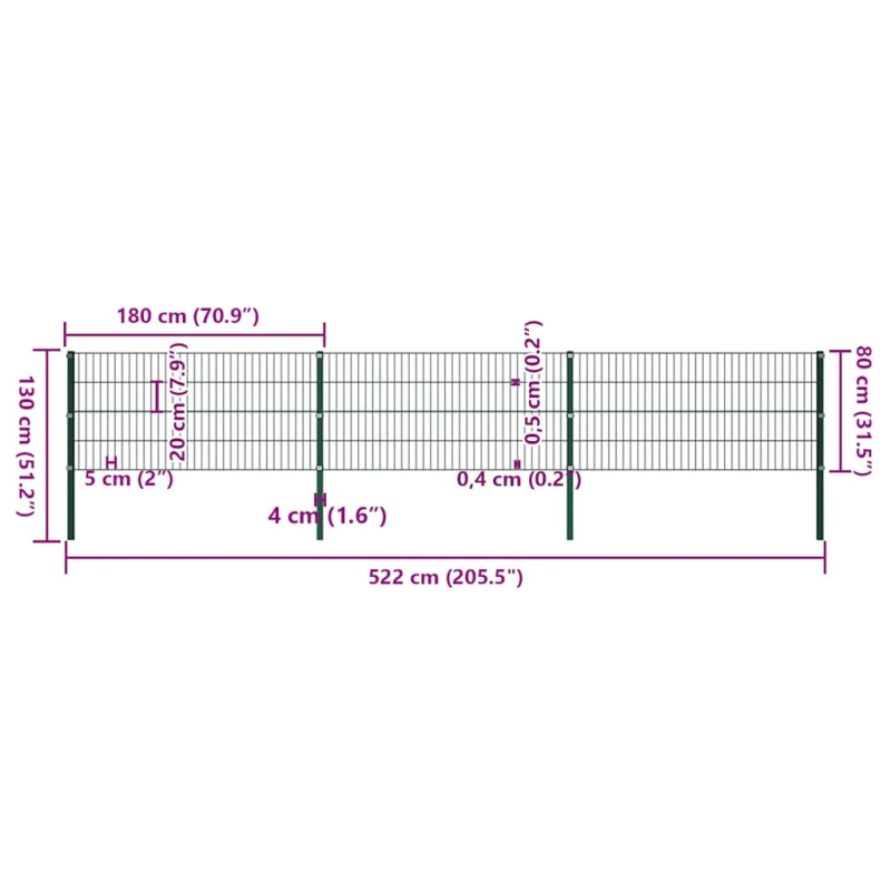 vidaXL žoga panelis ar stabiem, dzelzs, 522x80 cm, zaļš