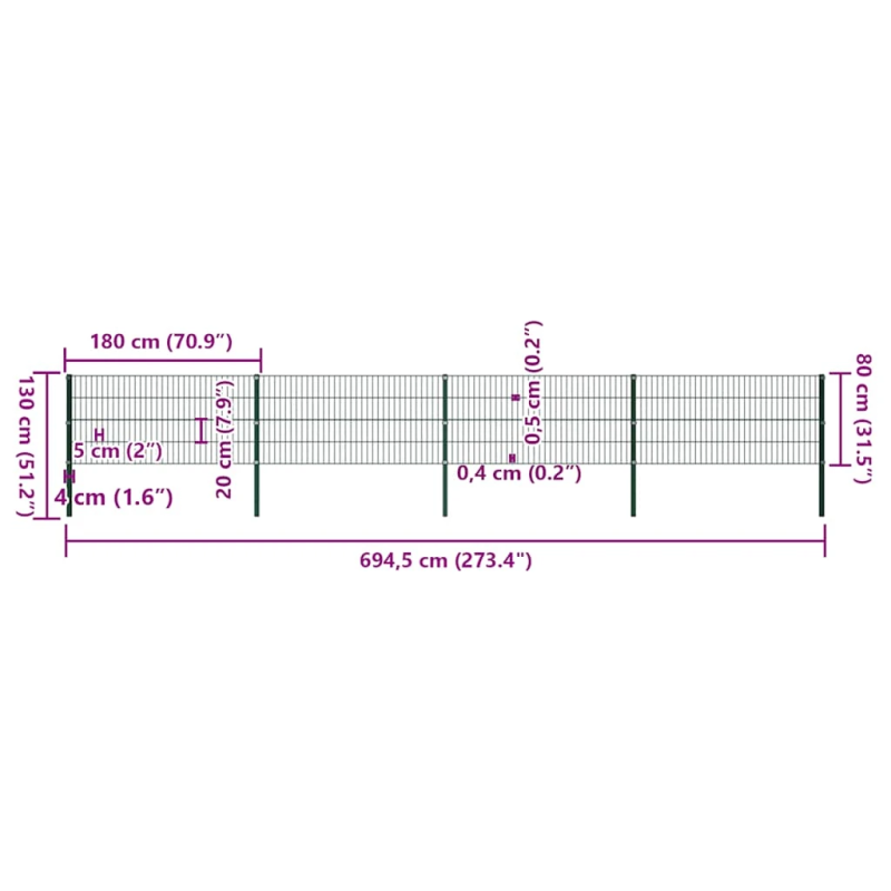 vidaXL žoga panelis ar stabiem, dzelzs, 694,5x80 cm, zaļš