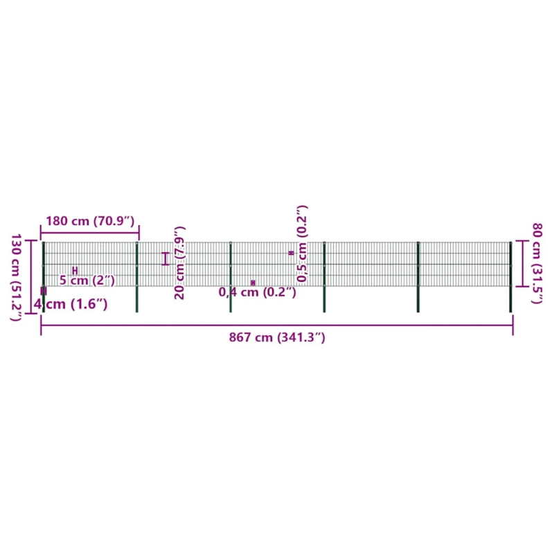 vidaXL žoga panelis ar stabiem, dzelzs, 867x80 cm, zaļš