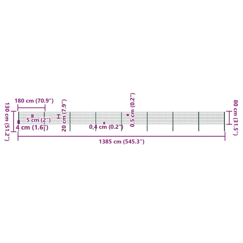 vidaXL žoga panelis ar stabiem, dzelzs, 1385x80 cm, zaļš